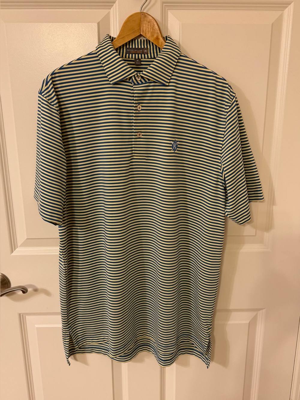 Peter Millar Summer Comfort Polo Men’s M Blue Stripe Knollwood CC Logo EUC